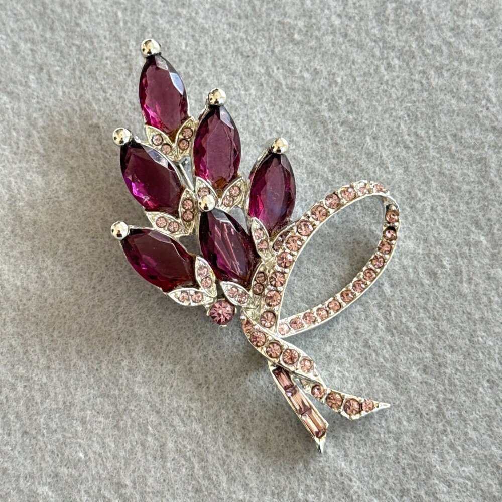 Pell Brooch Purple Marquise Stones Silver Tone Pink Rhinestones Floral Open Back - Picture 6 of 7